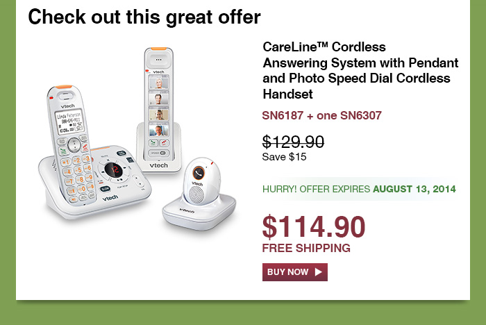 CareLine™ Cordless Answering System with Pendant and Photo Speed Dial Cordless Handset - SN6187 + one SN6307 - WAS $129.90 - NOW $114.90 - HURRY! OFFER EXPIRES August 13, 2014 - FREE SHIPPING 