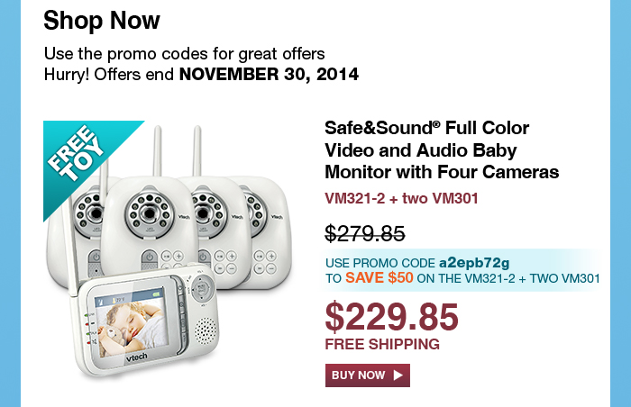 Safe&Sound® Full Color Video and Audio Baby Monitor with Four Cameras - VM321-2 + two VM301 - WAS $279.85, NOW $229.85 - Use promo code a2epb72g TO SAVE $50 ON THE VM321-2 + TWO VM301 - FREE SHIPPING