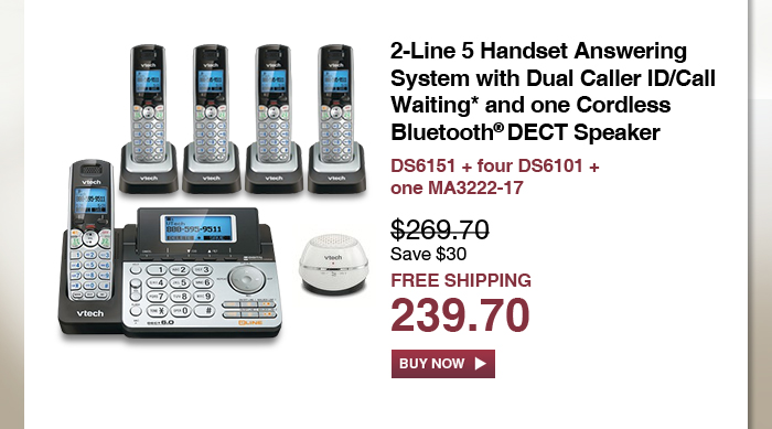 2-Line 5 Handset Answering System with Dual Caller ID/Call Waiting* and one Cordless Bluetooth® DECT Speaker - DS6151 + four DS6101 + one MA3222-17 - WAS $269.70, NOW $239.70 (SAVE $30) - FREE SHIPPING